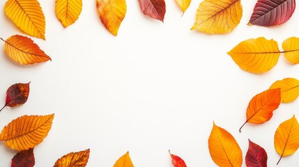 Fototapeta premium Minimalistic arrangement of autumn leaves on a white background