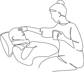 One continuous single drawing line art flat doodle person, care, woman, adult, patient, female, indoor, horizontal, assistance. Isolated image hand draw contour on a white background