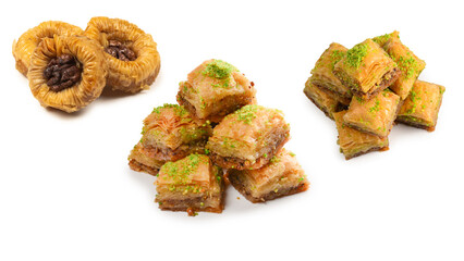 Pistachio baklava on a white background. Dessert.
