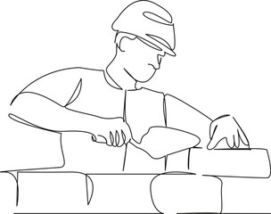 One continuous single drawing line art flat doodle brick, men at work, cement, construction, working, bricklayer, labourer, industry, mason. Isolated image hand draw contour on a white background