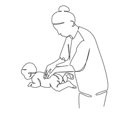 One continuous single drawing line art flat doodle indoor, people, care, baby - human age, horizontal, mother, relaxation, togetherness, color image. Isolated image hand draw contour on a white backgr