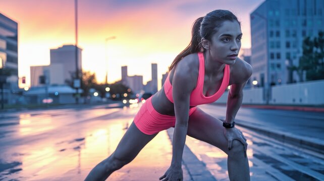 Athletic woman stretching in vibrant sunset urban setting.