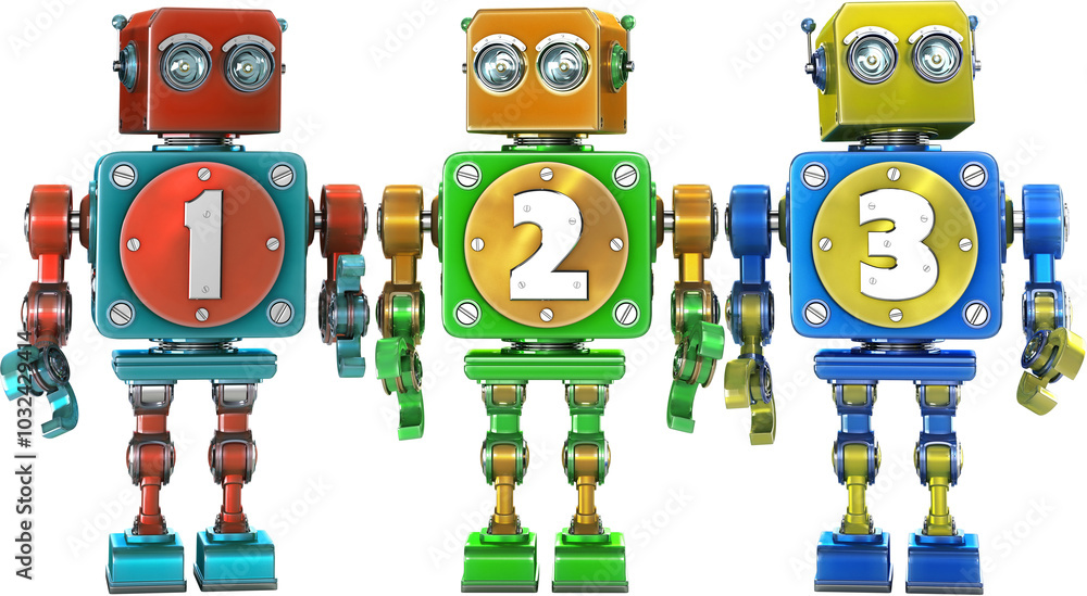 Poster three colorful robots standing and showing numbers one two three