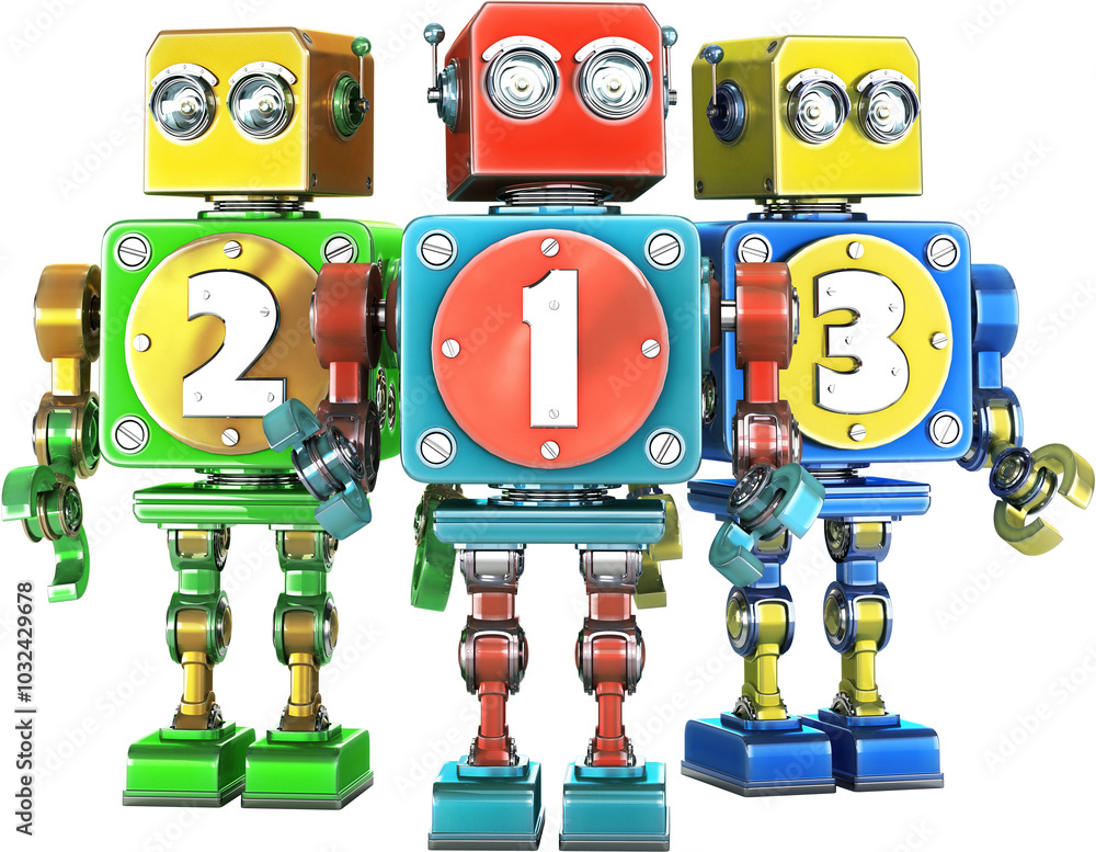 Poster three colorful vintage robots are standing in a row and showing numbers one, two and three