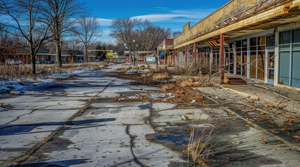 Desolate Shopping District: Abandoned Stores, Cracked Pavement, and Peeling Paint, Illustrating the Downturn of the Retail Industry