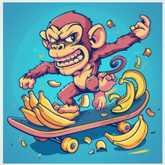 A fierce monkey rides a flaming skateboard, surrounded by flying bananas and banana slices, against a blue background. The dynamic and vibrant illustration captures action and energy.