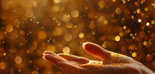 a hand illuminated by golden particles, glowing in soft light. The image evokes a sense of magic, wonder, and the ethereal beauty of light and energy.