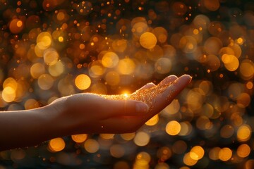 a hand illuminated by golden particles, glowing in soft light. The image evokes a sense of magic, wonder, and the ethereal beauty of light and energy.