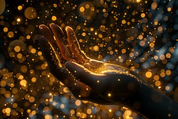 a hand illuminated by golden particles, glowing in soft light. The image evokes a sense of magic, wonder, and the ethereal beauty of light and energy.