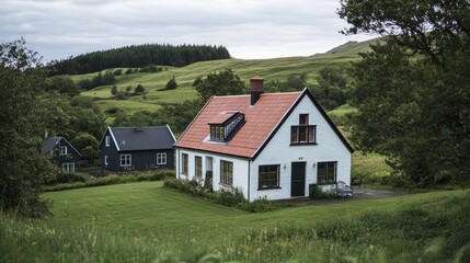 Obraz premium A serene house surrounded by lush greenery and rolling hills.