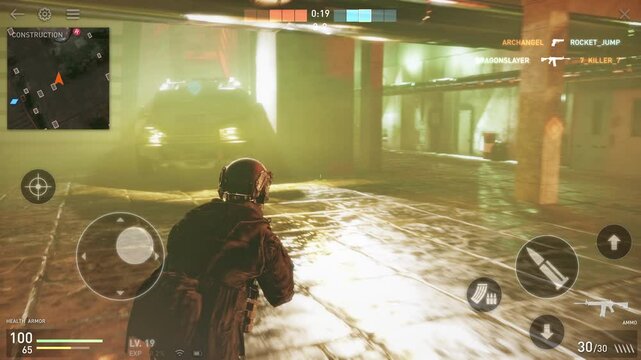 Killing the enemies with a military rifle in the third person mobile shooter game. Killing the online opponents in the shooter phone game. Player killed by the enemy shot in the shooter game