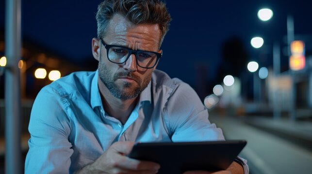 A businessman maximizing productivity by catching up on emails and reports on his tablet at the station.