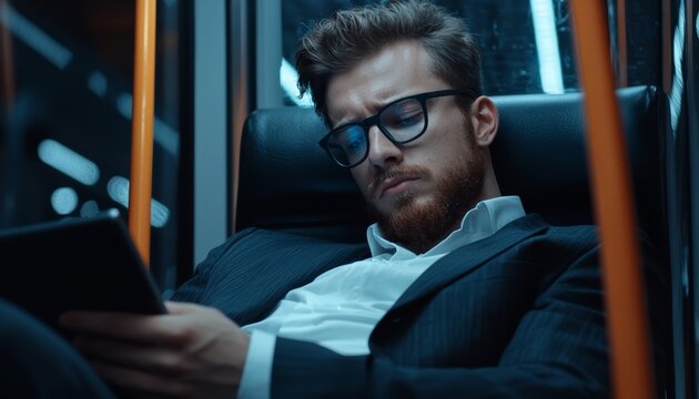 A businessman reviewing his day's agenda on a tablet while waiting for public transport.