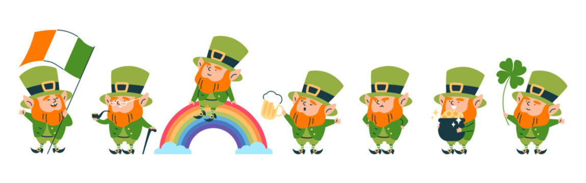 Set of St. Patrick's Day leprechaun vector icons on isolated background.