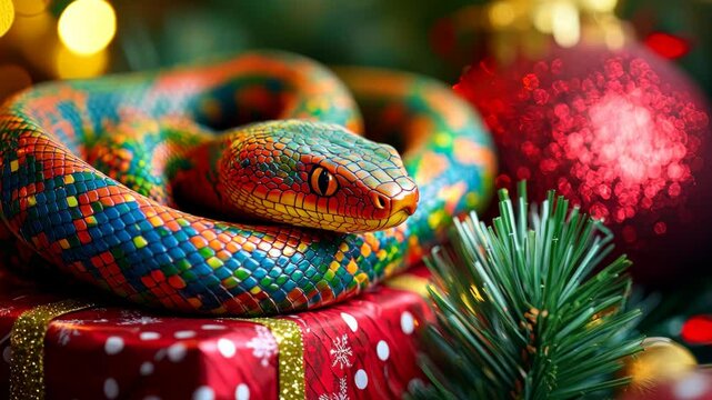 Colorful snake on holiday gifts with decorations. Festive essence of 2025.