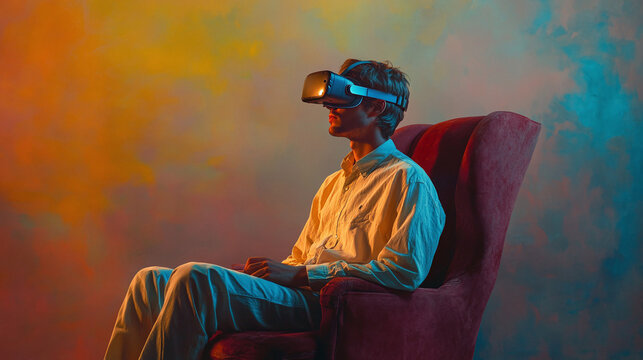3d render illustration of a young male with a virtual reality headset realistic rendered sitting on a chair serialism background