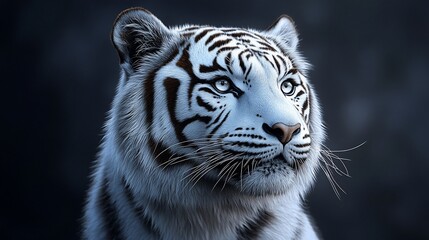 Fototapeta premium Close-up portrait of a majestic white tiger with striking blue eyes and black stripes, looking directly at the viewer.