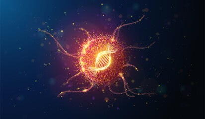 Abstract illustration of cancer cell with DNA helix made of glowing neon particles. Geometric background depicting cancer cell screening, dna therapy and gene engineering medical concept