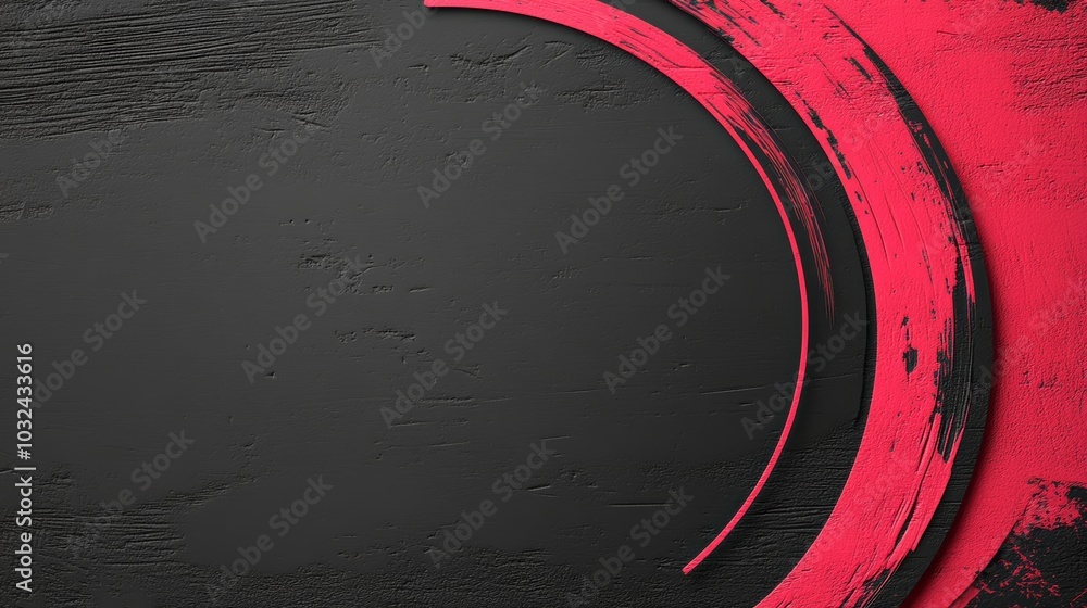 Poster a dark textured background with bold red curved lines creating a striking contrast and a modern aest