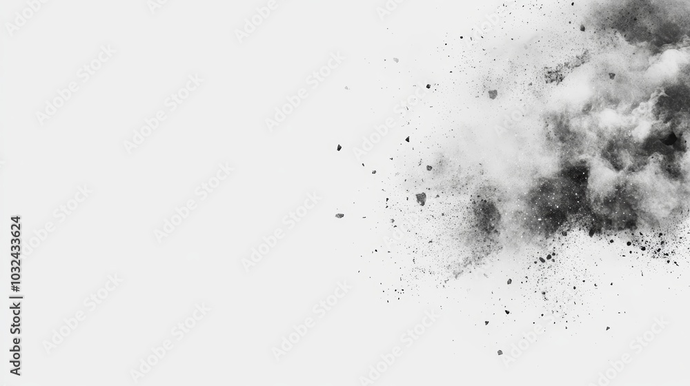 Poster a monochromatic image featuring an abstract explosion of black particles against a light background,