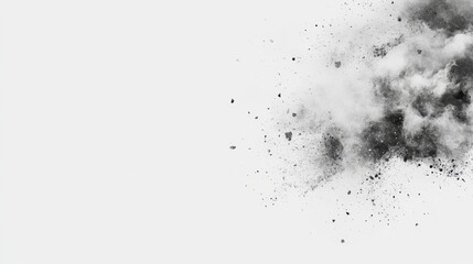 A monochromatic image featuring an abstract explosion of black particles against a light background, creating a dynamic and artistic effect.