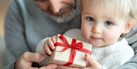 A close-up of a father and child enjoying a gift exchange, capturing the joy of family traditions.