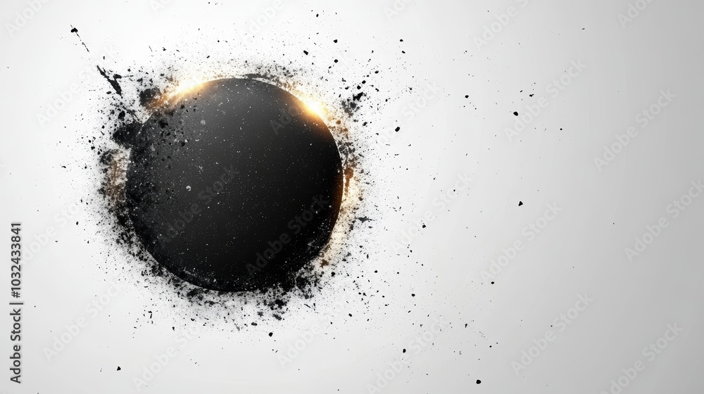 Poster a black circular shape surrounded by splashes and light effects against a minimalistic background, c