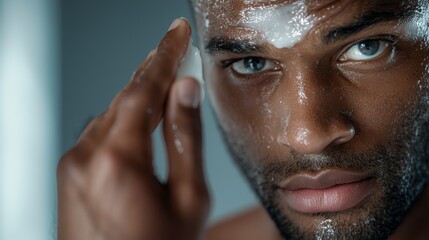 A close-up of a man taking care of his skin by applying a moisturizing cream in front of the bathroom mirror.