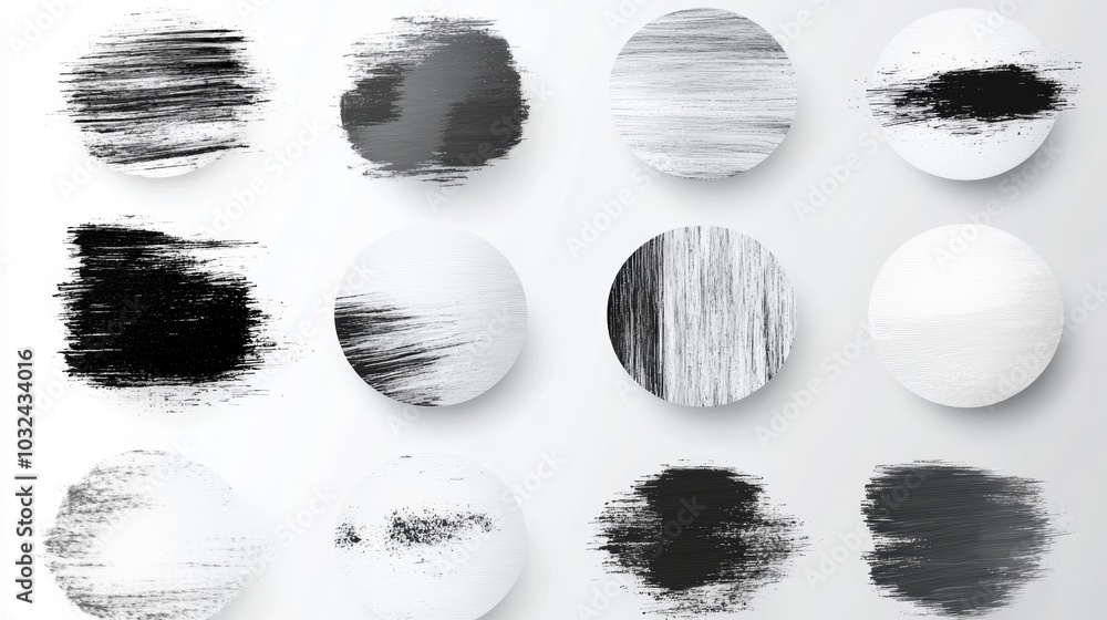 Poster a collection of circular brush stroke textures in black, white, and grayscale, showcasing artistic p