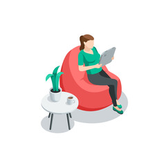 isometric vector woman sitting in beanbag chair with tablet, in color on white background, office worker or remote work