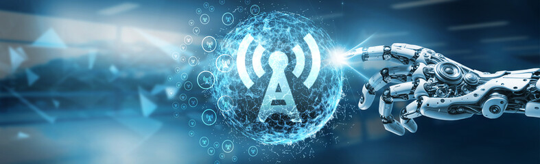 A robotic hand holding a glowing global network, surrounded by data streams, signals, and nodes,...