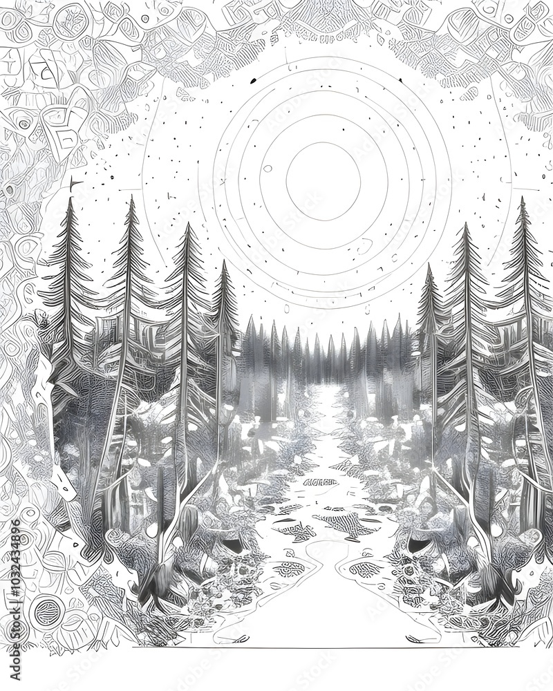 Poster a drawing of a forest with a circle of stars and a circle in the middle.
