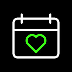 Calendar with heart symbol, valentine's day, anniversary date vector icon in line style design for website, app, UI, isolated on black background. Editable stroke. Vector illustration.