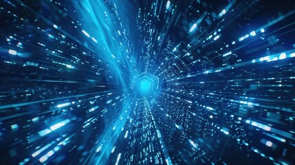 Obraz premium A blue lighted tunnel with a bright light at the end