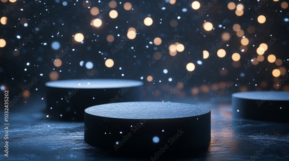 Fototapete three round pucks sit in a dimly lit space, illuminated by a soft glow. surrounding them are floatin