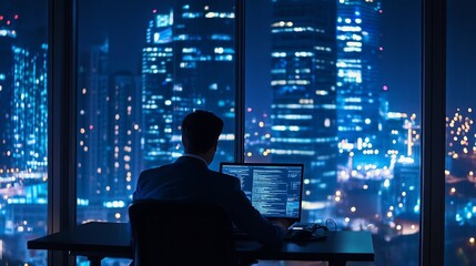 Fototapeta premium A confident businessman in a suit, overlooking a bustling city skyline, symbolizes urban success and technological advancement