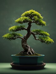 Bonsai, green light circle on the background, realistic colors, great contrast