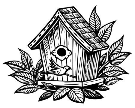 recommend clip art: bird house silhouette vector illustration,Wooden bird house line art silhouette