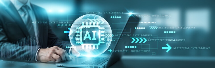 Hand touching laptop network connection on AI technology, automation, data integration, machine learning, IoT, cybersecurity, and cloud computing, technology and futuristic advancements.