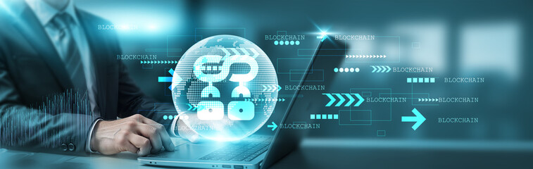 Hand touching laptop network connection on blockchain, enabling secure, decentralized transactions, data management, and smart contracts, revolutionizing technology and futuristic applications....