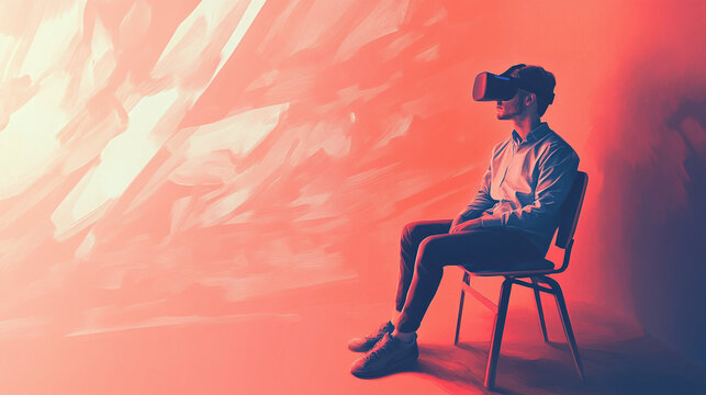 2d illustration of a young male with a virtual reality headset sitting on a chair serialism background