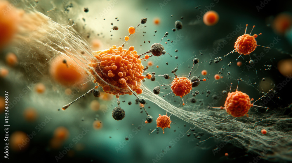 Poster tiny nanobots interact with cells in vibrant microscopic world
