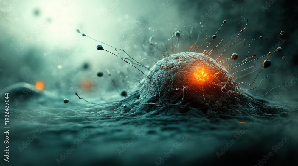 Poster captivating depiction of nanobots resembling tiny astronauts exploring cellular landscape