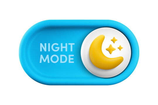 Vector cartoon 3d dark theme on switch button. Cute realistic 3d blue Night mode toggle switch slider with shiny moon and stars icon. Design element for mobile app interface, web, game.