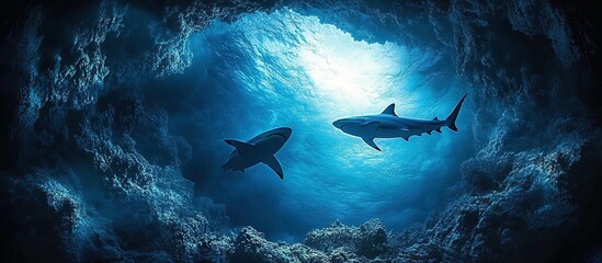 Sharks Swimming Through an Underwater Cave