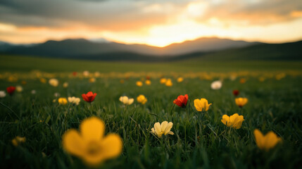 Fototapeta premium vibrant field of flowers in various colors under beautiful sunset