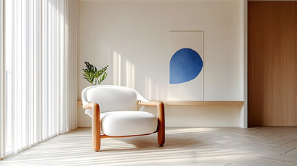 Fototapeta premium Japandi, minimalist interior design of modern living room with stylish armchair.