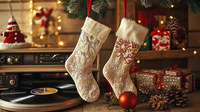 Old-fashioned Christmas stockings with lace and velvet, hanging beside a vintage record player and retro decorations, creating a warm, nostalgic holiday atmosphere. Christmas stockings, New Year