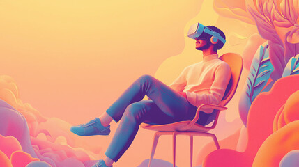 2d illustration of a young male with a virtual reality headset sitting on a chair serialism background