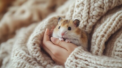A small hamster held gently in the palms of a woman's hands, wrapped in a warm knitted sweater.